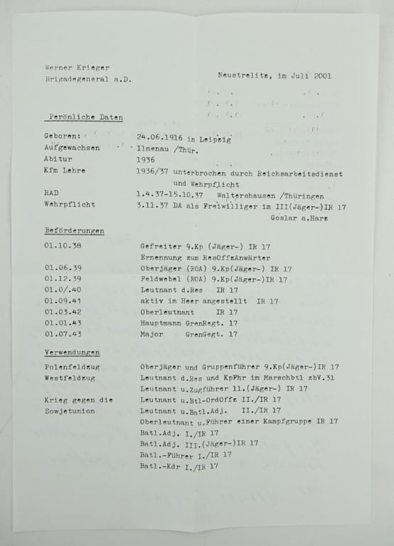 Signature of Wehrmacht Heer KC Recipient 'Werner Krieger'