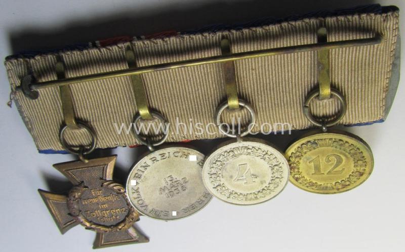 Attractive, 4-pieced medal-bar (ie. 'Ordenspange') showing two WH (Heeres or KM) so-called: 'DA für 4 u. 12 Jahre treue Dienste', an: Austrian 'Anschluss'-medal and a (scarce!): 'Zollgrenzschütz-Ehrenzeichen' (or: customs loyal-service medal)