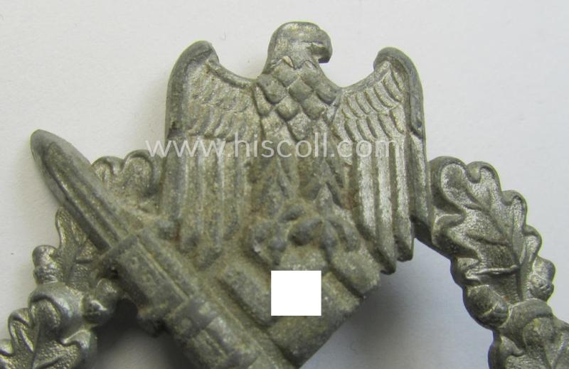 Neat 'Infanterie Sturmabzeichen in Silber', being an unmarked (and/or very converse- ie. vaulted-) 'hollow-back' example by the maker: 'Friedrich Linden' (ie. 'F.L.L.') as was executed in silver-coloured, zinc-based metal (ie. 'Feinzink')
