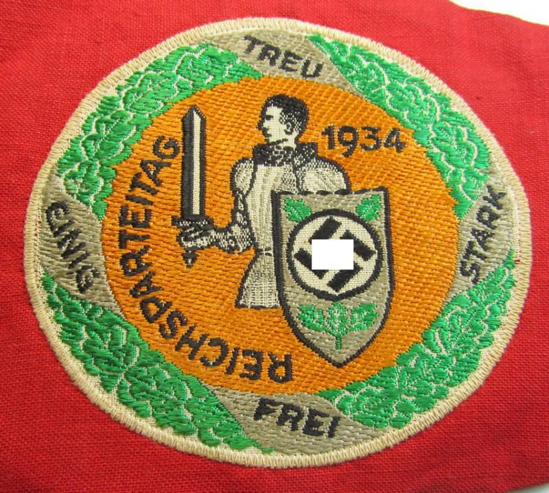 Attractive - 'patriotic-styled'- and/or truly nicely woven! - N.S.D.A.P.-related vehicle- ie. bicycle-flag (ie. 'Fahrrad-Fahne') depicting on one side a swastika-device and showing on the other side the text: 'Reichsparteitag 1934 - Nürnberg'