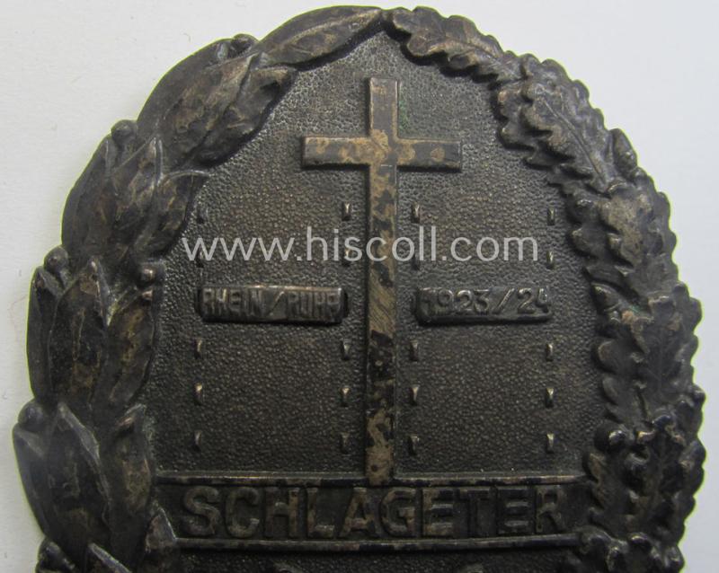 'High-quality'-produced example of a: 'Freikorps'-related award being a so-called: 'Ehrenzeichen des Schlageter-Gedächtnis Bund e.V.', showing the bars ie. 'Spangen' resp. entitled: 'Rhein/Ruhr' and/or: '1923/24'