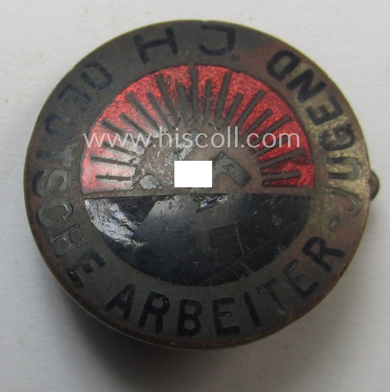 Multi-coloured enamelled, 'Mitgliedsabzeichen' as intended to signify membership within the: 'HJ' (or: 'Hitlerjugend') before June 1932 (being of the 1st pattern that shows a clearly present makers'-designation: 'O. Baudermann - Erlbach i.V.')