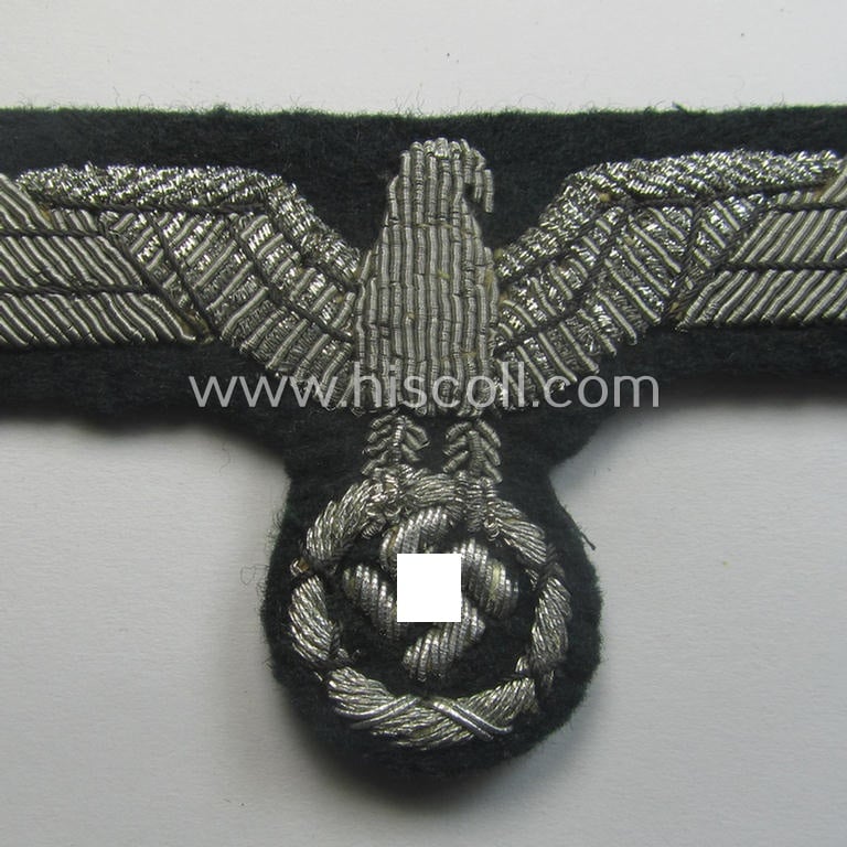WH (Heeres) officers'-type, hand-embroidered breast-eagle (ie. 'Brustadler für Offiziere') as was executed in bright-silverish-coloured braid as was intended for usage on the various officers'-pattern tunics
