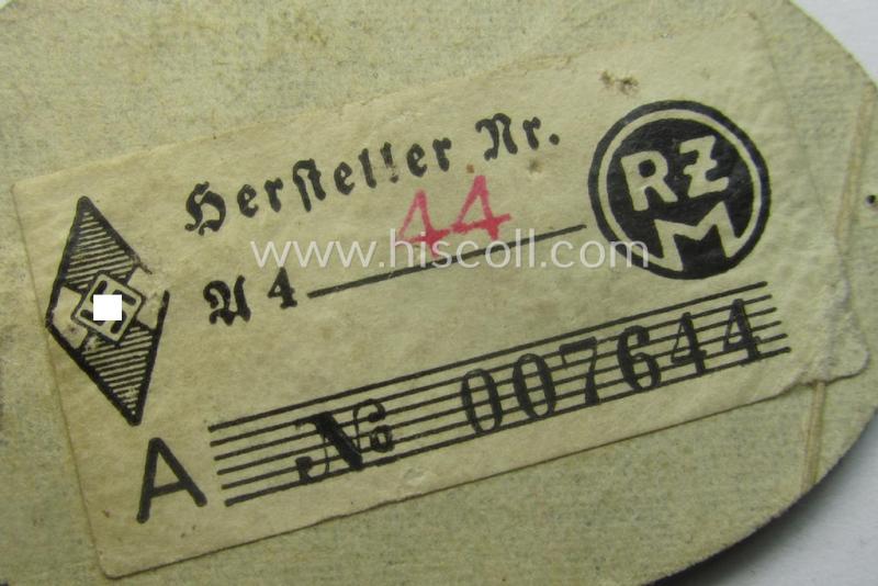 Early-period, HJ/BDM (ie. 'Hitlerjugend'/'Bund Deutscher Mädel') trade- or: specialist-armbadge as executed in machine-embroidered pattern as was intended for usage by a: 'Feldscher' (or: medical orderly) still retaining its period 'RzM'-etik...