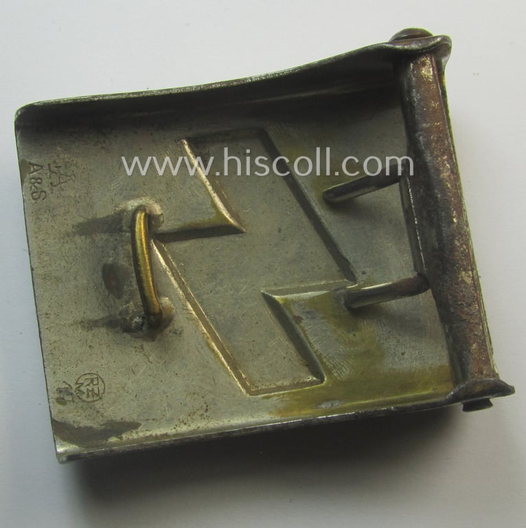 DJ (ie. 'Deutsches Jungvolk') silver-coloured- (ie. typical nickle-chromed) belt-buckle (ie. 'Koppelschloss') a neatly (double!) maker (ie. 'RzM 17' and/or 'A' ie. 'Assmann & Söhne') marked specimen