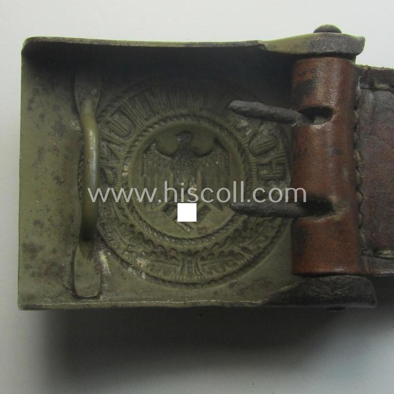'Virtually mint', 'standard-issue'-pattern, WH (Heeres) field-grey-toned- and/or steel-based belt-buckle being a non-maker-marked example that comes mounted onto its 'B. Haarmann'-marked and/or '1941'-dated tab