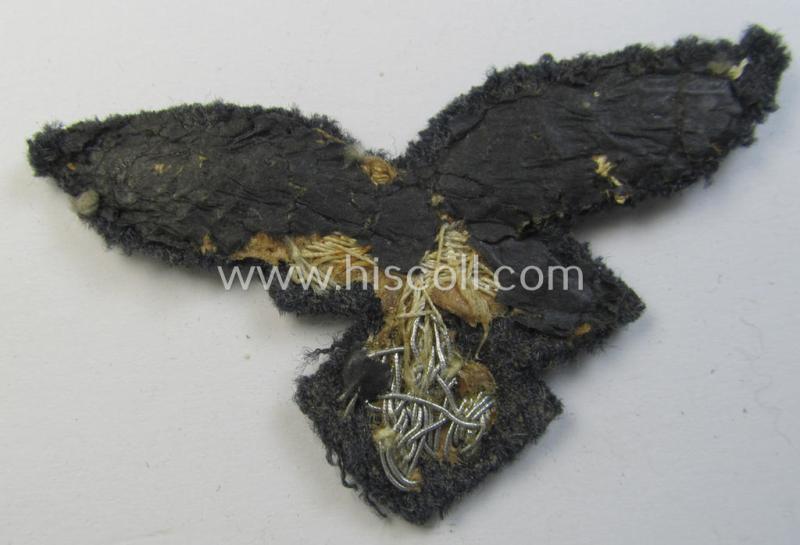 Attractive - truly used and quite detailed! - WH (Luftwaffe) officers'-pattern, visor-cap eagle (ie. 'Adler für Schirmmütze') being a neatly hand-embroidered example that comes on a typical greyish-blue-coloured- and/or woolen-based background