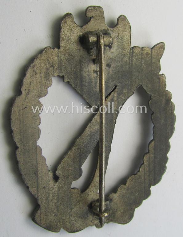 Neat, 'Infanterie Sturmabzeichen in Silber' being a non-maker-marked and/or quite converse, 'solid-back' example maker as executed in bright silver-coloured, zinc-based metal as was produced by a (by me) unidentified maker