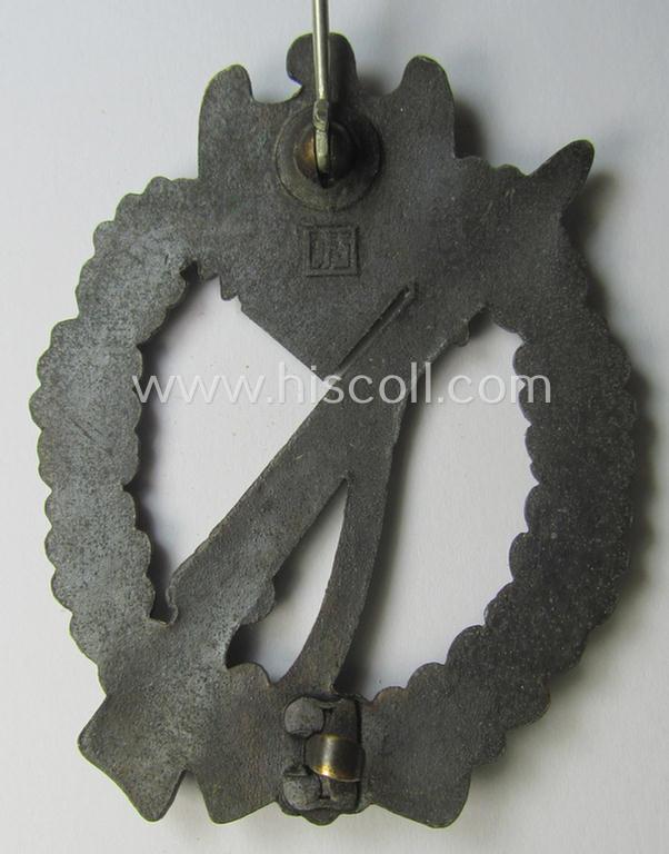 'Infanterie Sturmabzeichen in Bronze' being a maker- (ie. 'JFS'-) marked, 'solid-back' example by the desirable maker: 'Josef Feix u. Söhne' as was executed in golden-bronze-coloured, zinc-based metal