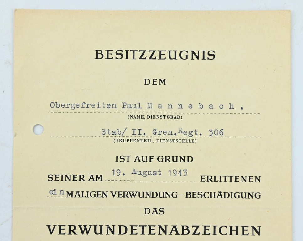 German Wound Badge in Black Certificate