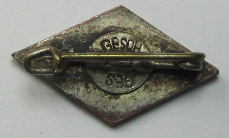Neat - and I deem early-period! - HJ (ie. 'Hitlerjugend') enamelled lapel-pin (ie.: 'Raute') being a bright-red-coloured- and/or truly detailed example showing a: 'Ges.Gesch.'-patent-pending-designation on its back