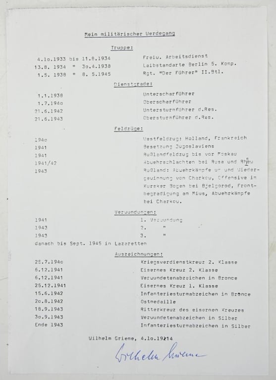 Signature of Waffen-SS KC Reciepient Wilhelm Grieme
