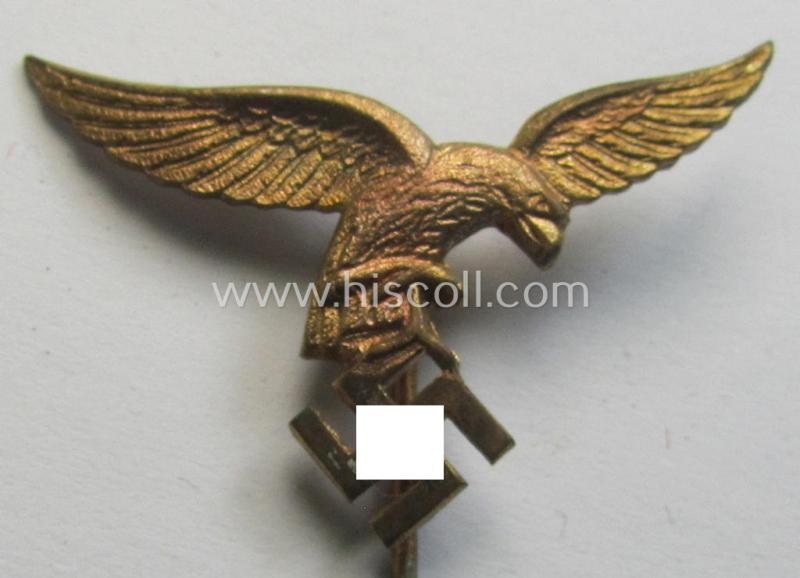 Bright-golden-toned lapel-pin (ie. 'Zivilabzeichen') to be worn on the civil attire as was intended for usage by the various staff-members of the 'Luftwaffe' (depicting an early-pattern- ie. 'down-tailed'-eagle)