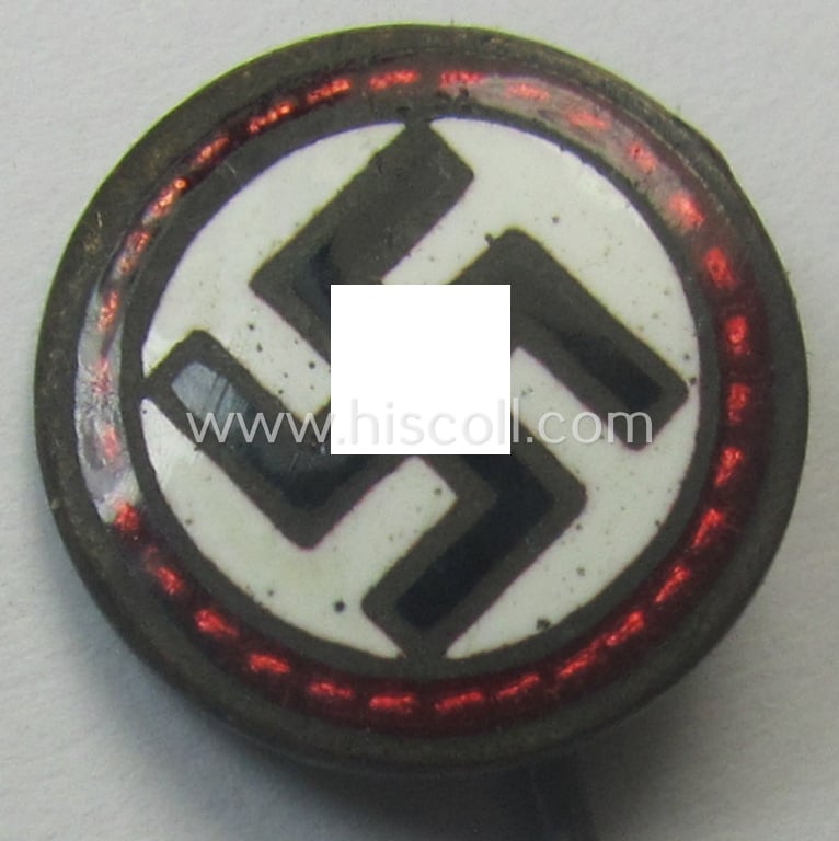 Unusually found - and actually scarcely seen! - smaller-sized and neatly enamelled: 'N.S.D.A.P.-Parteiabzeichen' (ie. supporter-lapel-pin) showing a smaller-sized 'Parteiabzeichen' without text