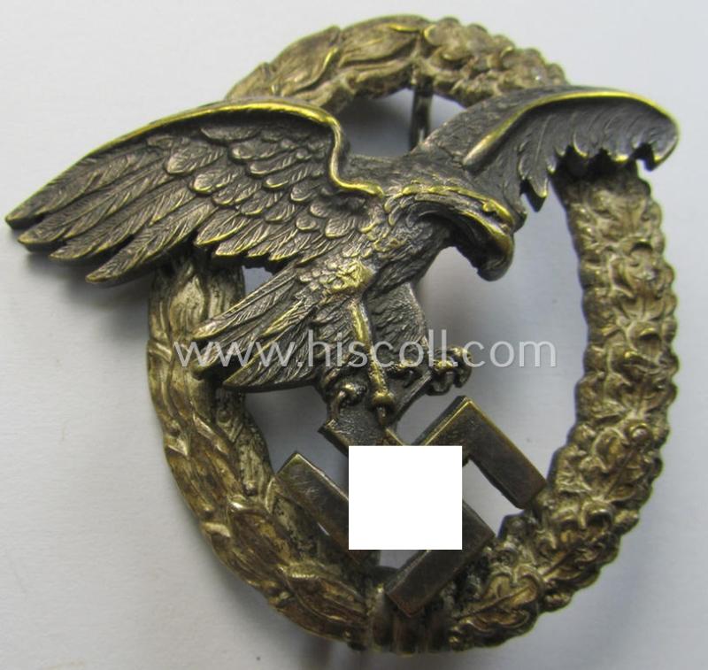 WH (Luftwaffe) 'Flugzeug-Beobachter-Abzeichen' (ie. observers'-war-badge) being a neatly maker- (ie. 'C.E. Juncker'-) marked and/or: 'Buntmetall'- (ie. 'Tombak'-) based example (of the desirable 'J1-pattern'!)