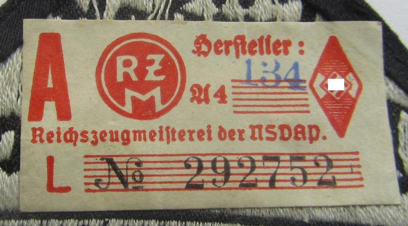 'HJ' ('Hitlerjugend') ie. 'BDM' ('Bund Deutscher Mädel') district-triangle (ie. 'Gebietsdreieck') entitled: 'Südost Oberdonau' (being a 'virtually mint' example that retains its period-attached, paper-based so-called: 'RzM'-etiket)