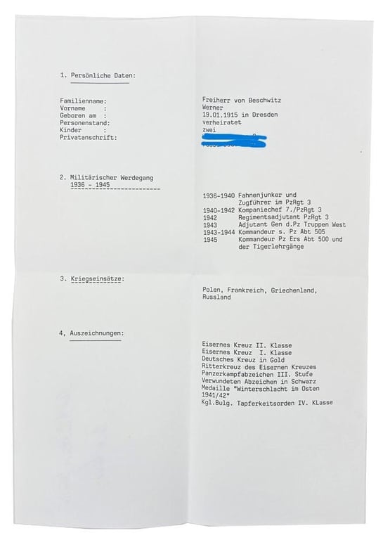 Signature of Wehrmacht (Heer) KC Recipient 'Werner Freiherr von Beschwitz'