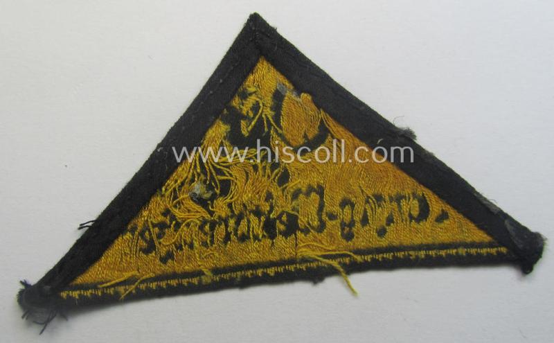 Extremely rarely encountered, 'HJ' ('Hitlerjugend') district-triangle (ie. 'Gebietsdreieck') entitled: 'Ost Danzig-Westpreussen' being a truly worn- ie. used specimen that misses its 'RzM'-etiket