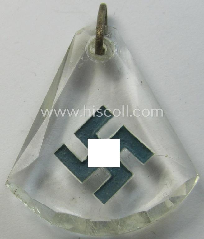 Attractive - and unusually seen! - glass-based so-called: patriotic swastika-hanger (ie. 'N.S.D.A.P.-supportive piece) being an example that shows a blue-toned (inlayed) swastika-device
