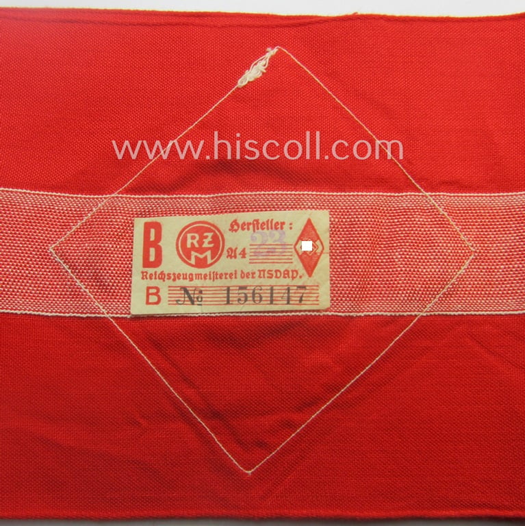 Attractive - and scarcely found! - 'standard-issued'- (ie. entirely woven) pattern, bright-red-coloured HJ- (ie. 'Hitlerjugend'-) related armband (ie. 'Armbinde') being a minimally used example that still shows its period-attached 'RzM'-etiket