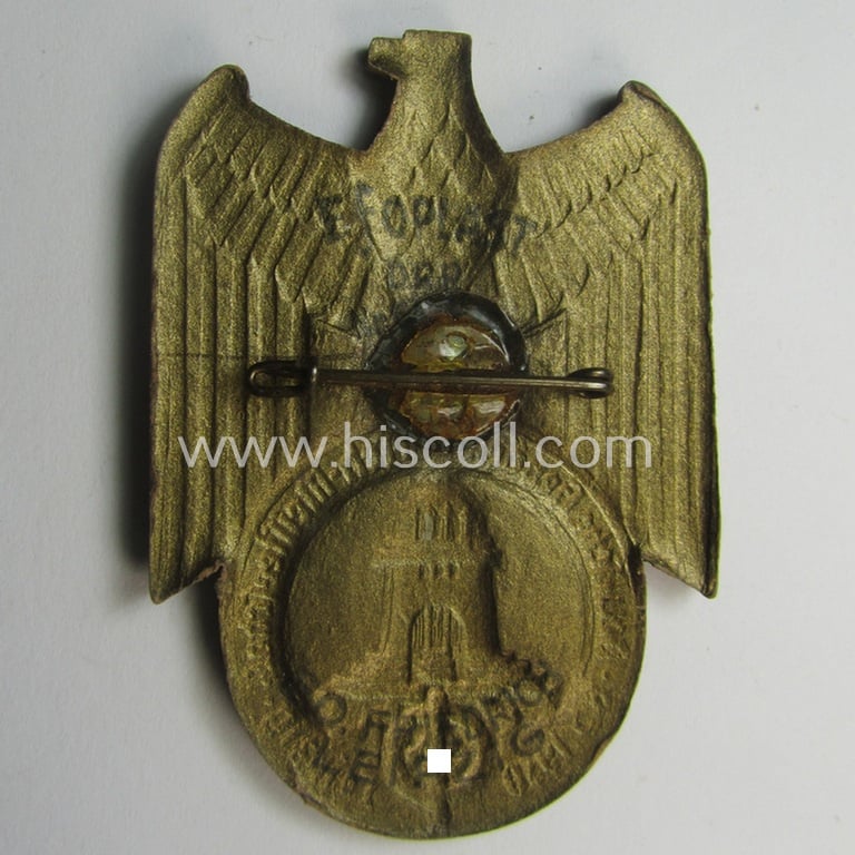 Very unusual, golden-bronze-toned- (and/or carton-based!) SA-related day-badge (ie. 'tinnie' or: 'Veranstaltungsabzeichen') as was issued to commemorate the: 'Deutsche Gepäckmarsch-Meisterschaften - Leipzig - 8.5.1938'