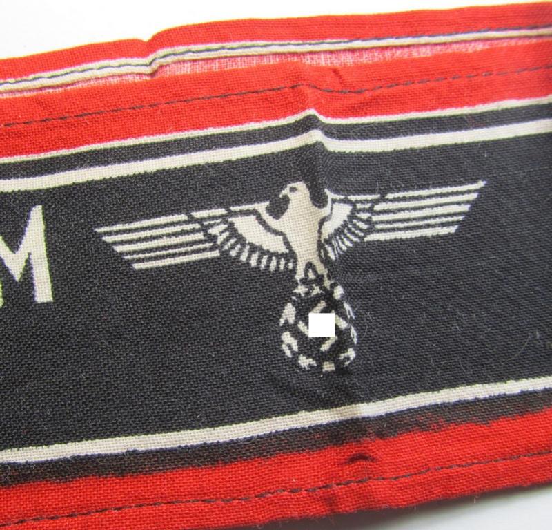 Superb, typically printed- and/or later-war-period, bright-red- and/or black-coloured so-called: 'Deutscher Volkssturm'-armband (ie. 'Armbinde') that comes in an overall very nice- (I deem hardly used- nor worn- ie. 'virtually mint'-), conditio...