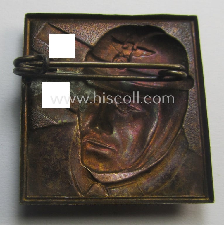 Very unusual - and actually never before seen! - golden-bronze-toned- (ie. I deem 'Feinzink'- ie. pot-metal-) based: N.S.K.K.-related day-badge (ie. 'tinnie' or: 'Veranstaltungsabzeichen') depicting an N.S.K.K.-trooper wearing a crash-helmet
