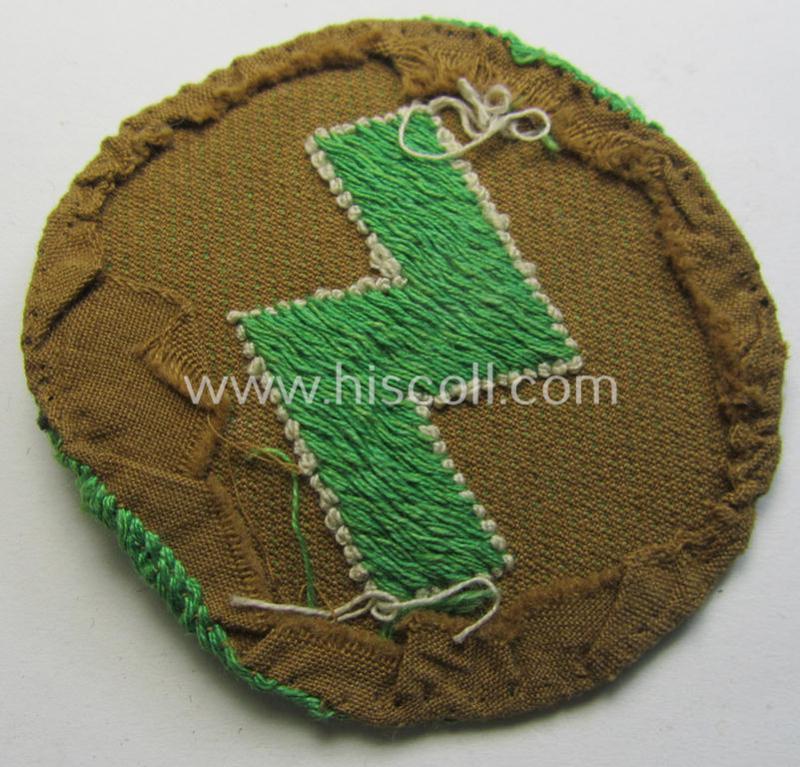 DJ (ie. 'Deutsches Jungvolk') arm-badge as was specifically intended for usage by a member who served within the: 'Oberbann 3' (being a moderately used- and carefully shirt-removed example that is void of an 'RzM'-etiket)