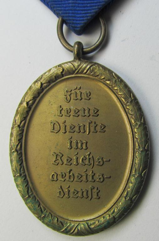 Attractive example of a: RAD (ie. 'Reichsarbeitsdienst'): 'Dienstauszeichnung 4. Stufe für Männer' as was intended for 4 years loyal-service and that comes mounted onto its period (broad-sized) ribbon (ie. 'Bandabschnitt')