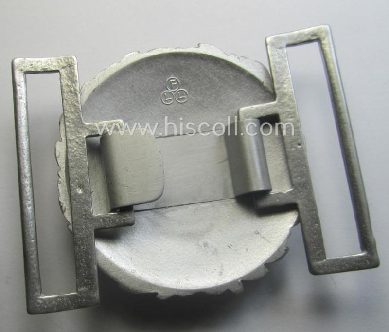 'Virtually mint', WH (Kriegsmarine) 'standard-issue'-pattern, silver-toned- and/or typical aluminium-based officers'-dress-model belt-buckle (ie. 'Paradefeldbinde für Beambten der KM') being a neatly maker- (ie. 'F.L.L.'-) marked example