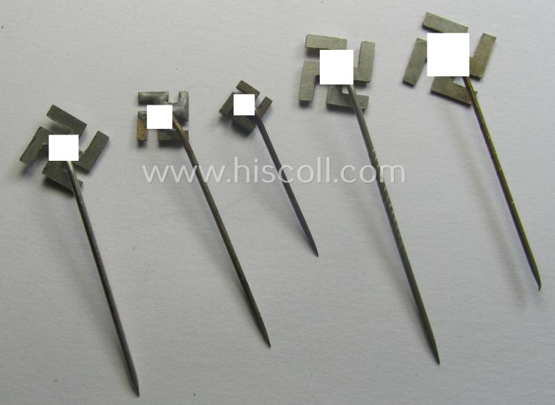 Interesting, 5-pieced set comprising of five so-called: 'N.S.D.A.P.'-related supporter-pins- (ie.: 'Symphatisanten-Abzeichen') showing a swastika (being all five non-maker-marked examples)