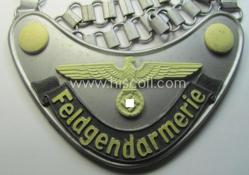 Superb - and 'virtually mint'! - example of a WH (Heeres) gorget (ie. 'Brustschild o. Ringkragen') entitled: 'Feldgendarmerie' being a non-maker-marked example that comes mounted onto its period-attached chain (ie. 'Kette')