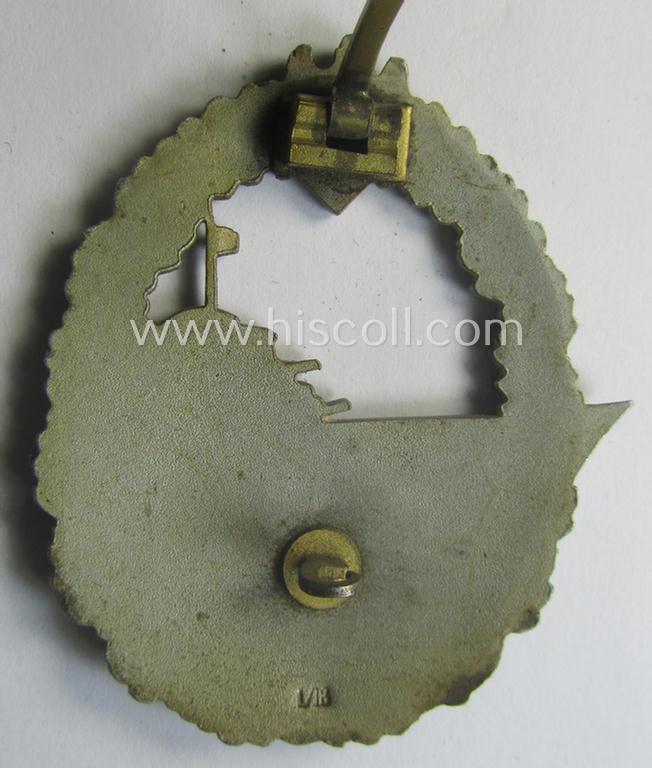 Scarcely found, WH (Kriegsmarine) 'Zerstörerkriegsabzeichen' being a clearly maker- (ie. 'L/18'-) marked example as executed in 'Feinzink' as was produced by the desirable maker (ie. 'Hersteller'): 'B.H. Mayer's Kunstprägeanstalt'