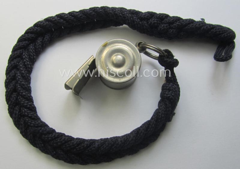 WH (Heeres, Kriegsmarine, HJ etc.) personal-equipment-item: a nickle-chrome-based flute (ie. 'Dienstflöte') onto its original (darker-blue-coloured- and/or twisted) lanyard