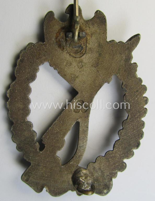 Neat, 'Infanterie Sturmabzeichen in Silber' being a maker- (ie. 'F.L.L.'-) marked and/or quite converse, 'solid-back' example by the maker: 'Friedrich Linden' (ie. 'F.L.L.') as was executed in bright silver-coloured, zinc-based metal