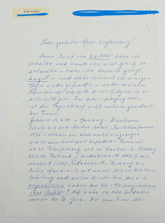 Signature of Wehrmacht Heer KC Recipient 'Erich Eichler'