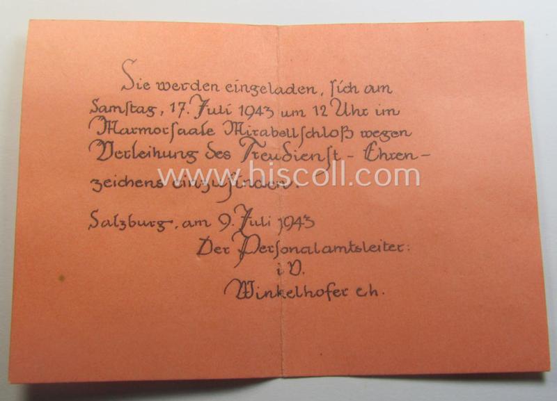 'Treuedienst Ehrenzeichen 1. Klasse' that comes stored in its maker- (ie. 'Deschler & Sohn'-) marked- and/or 'Zellstoff'-based pouch and that comes with a (never before seen!) accompanying post-card