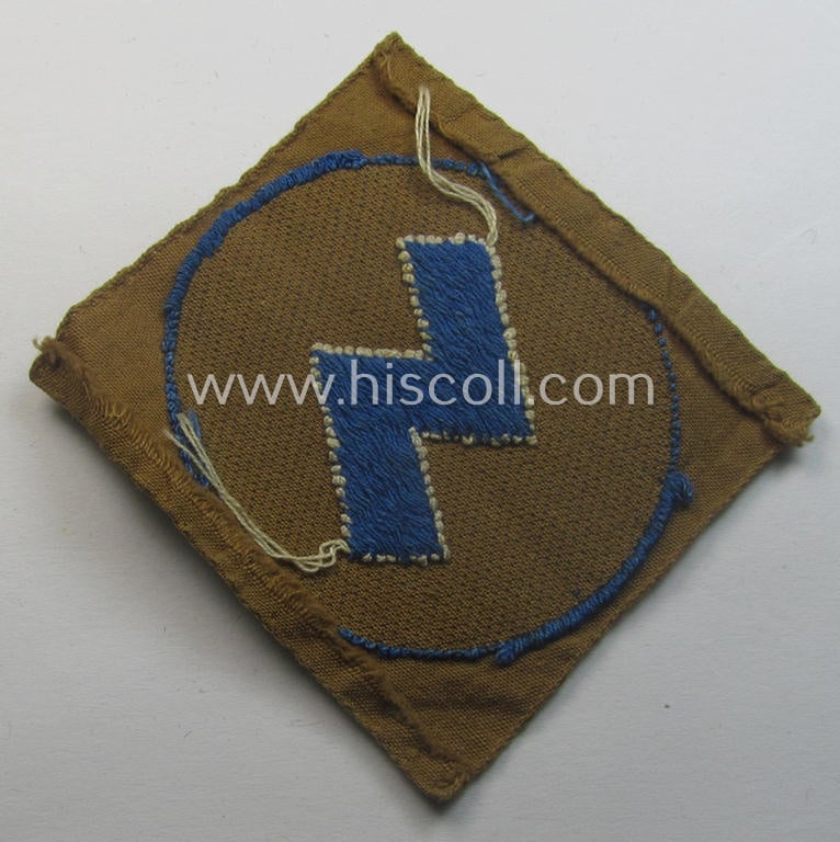 DJ (ie. 'Deutsches Jungvolk') arm-badge as was specifically intended for usage by a member who served within the: 'Oberbann 4' (being a used- and/or once tunic-attached example that is void of an 'RzM'-etiket)