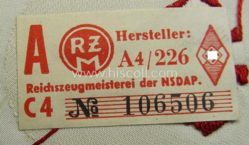 HJ/BDM (ie. 'Hitlerjugend'/'Bund Deutscher Mädel') trade- or specialist-armbadge as executed in neat 'BeVo'-weave pattern as was intended for usage by a: 'Feldscher' (or: medical orderly) still retaining its period 'RzM'-etiket