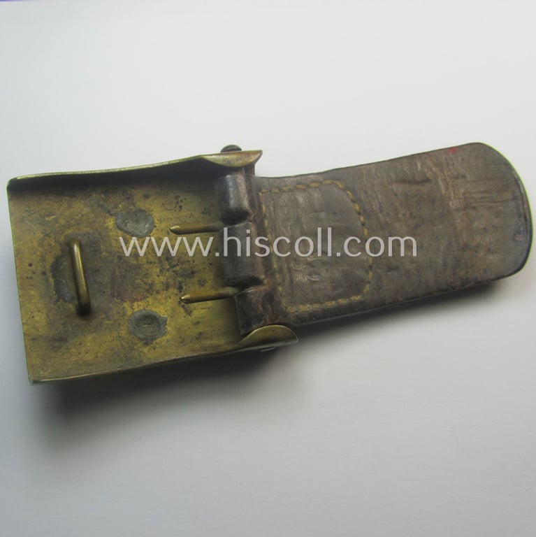 WWI-period (ie. 'Bayern'-related), copper- (ie. nickle-crome-) based EM/NCO-type belt-buckle being a moderately used example that comes mounted onto its maker- (ie. 'AWM 19 00'-) marked leather-based tab