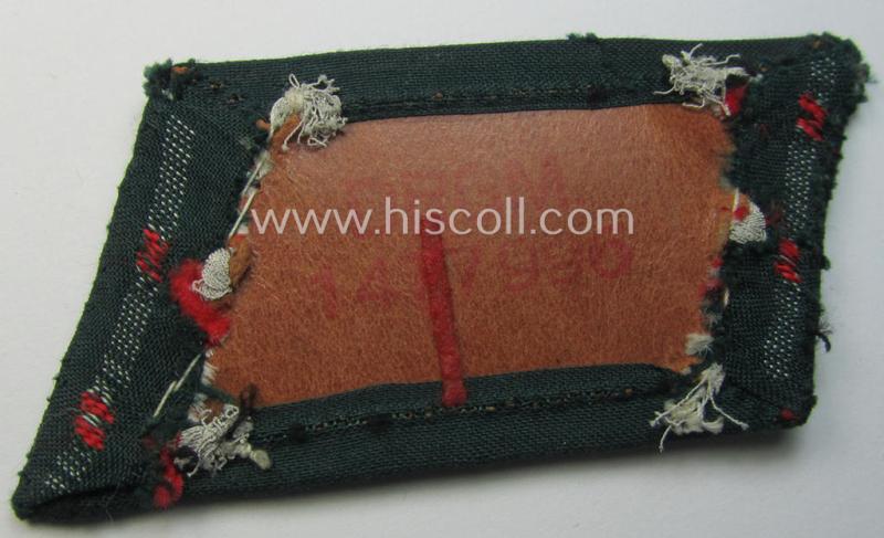 Attractive - and truly used! - pair of WH (Heeres) (later-war-pattern) officers'-type collar-tabs (ie. 'Kragenspiegel für Offiziere') as executed in 'BeVo'-weave pattern as was intended for an officer serving within the: '(Sturm)Artillerie-Trup...