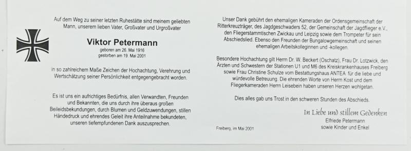 Signature of Luftwaffe KC Recipient 'Viktor Petermann'
