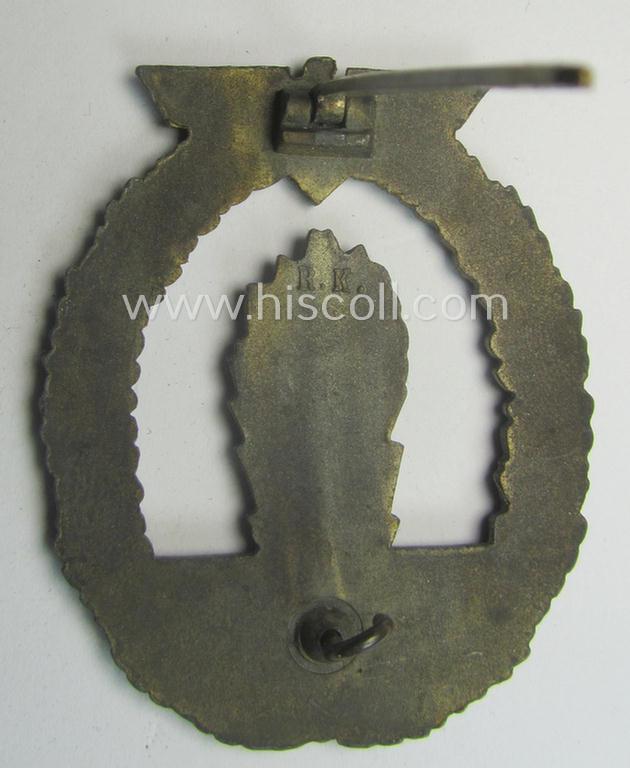 WH (Kriegsmarine) 'Kriegsabzeichen für Minensuch-, U-Boot-Jagd und Sicherungs-Verbände' being a detailed and clearly maker- (ie. 'R.K.') marked, 'Feinzink'-based example as was produced by the 'Rudolf Karneth'-company