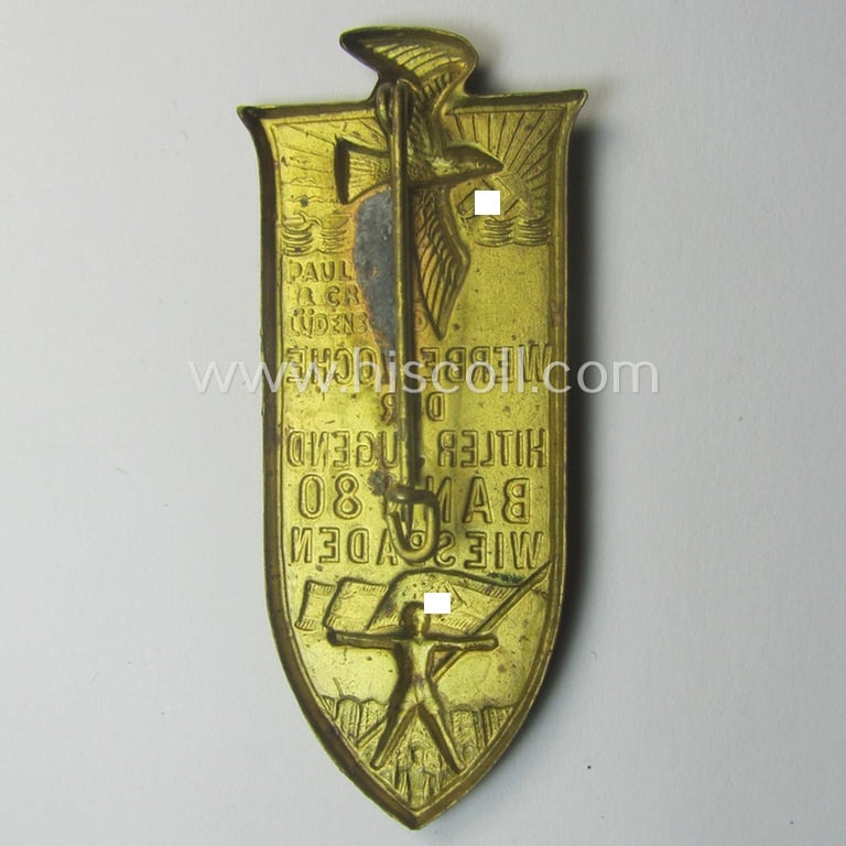 HJ (ie. 'Hitlerjugend') related 'tinnie' ie. 'Veranstaltungsabzeichen' being a maker- (ie. 'Paulmann u. Crone'-) marked example showing a sunburst, sea-gull and HJ-flag-bearer and text: 'Werbewoche der Hitler Jugend - Bann 80 - Wiesbaden'