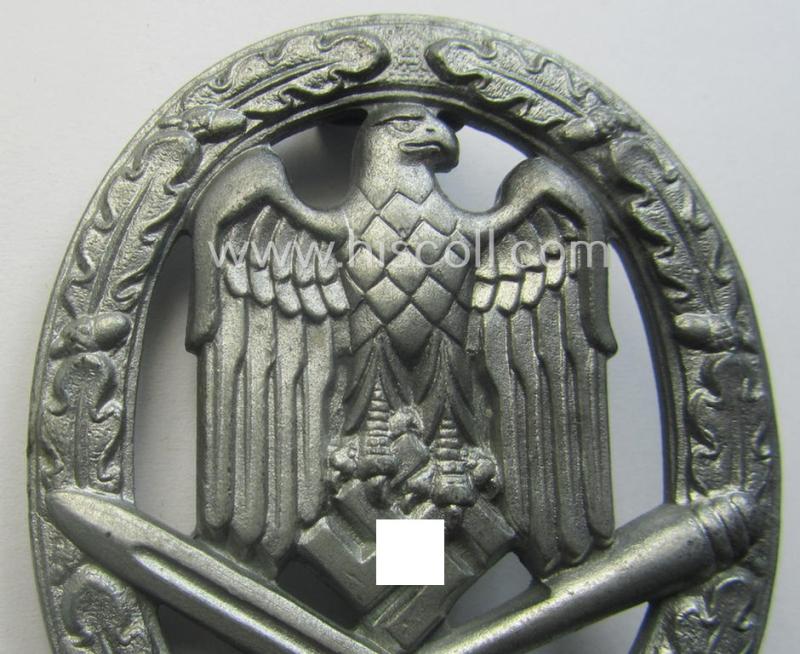Hardly used 'Allgemeines Sturmabzeichen' (or: General Assault Badge ie. GAB) being a typical unmarked, zinc- (ie. 'Feinzink'-) based so-called: 'flat-back'-pattern by a (by me) unidentified maker