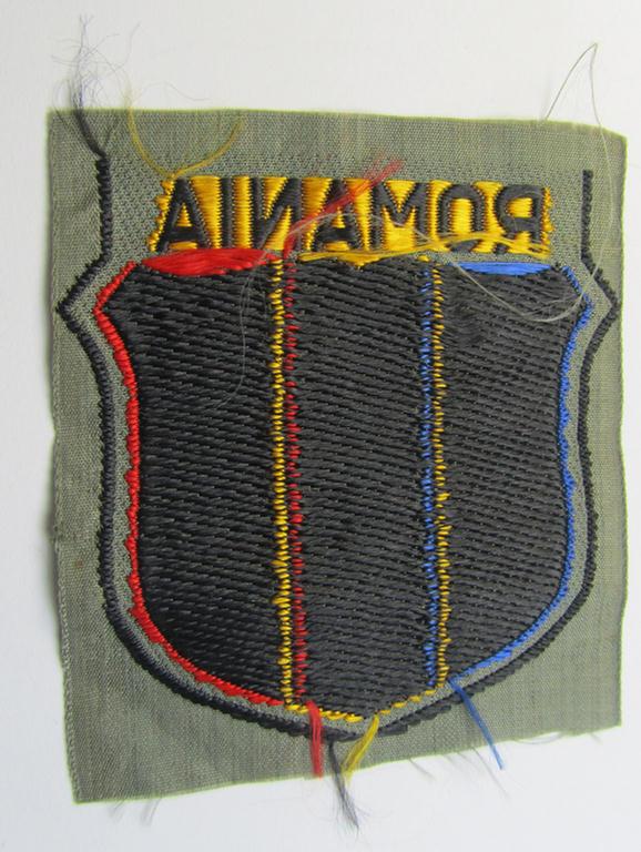 Superb - and rarely encountered! - German-produced, 'BeVo'-type armshield entitled: 'Romania' (being a piece that was intended for a volunteer who served within the: 'Deutsche Wehrmacht')