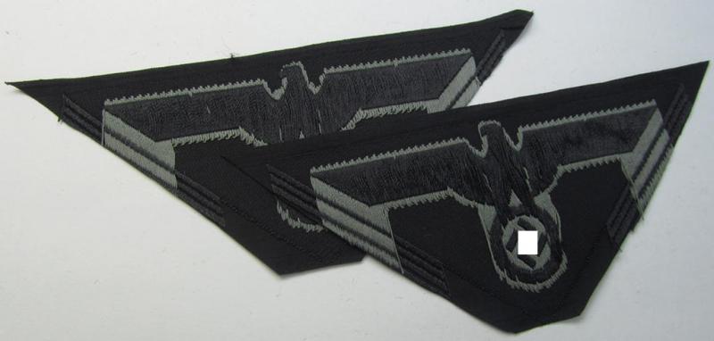 Later-war-period, WH (Heeres) ie. 'Panzer'-related-, so-called: 'M44'-pattern, trapezoid-shaped breasteagle, being a bluish-grey-coloured example as executed in neat 'BeVo'-weave pattern on a black-coloured background