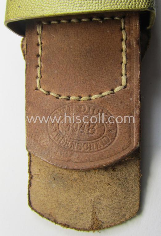 Stunning, bright-golden-coloured- and/or steel-based so-called: 'Wasserschützpolizei' belt-buckle being a maker- (ie. 'C.T. Dicke'-) marked- and: '1943'-dated example that comes mounted onto its 'typically-shaped' leather-based tab