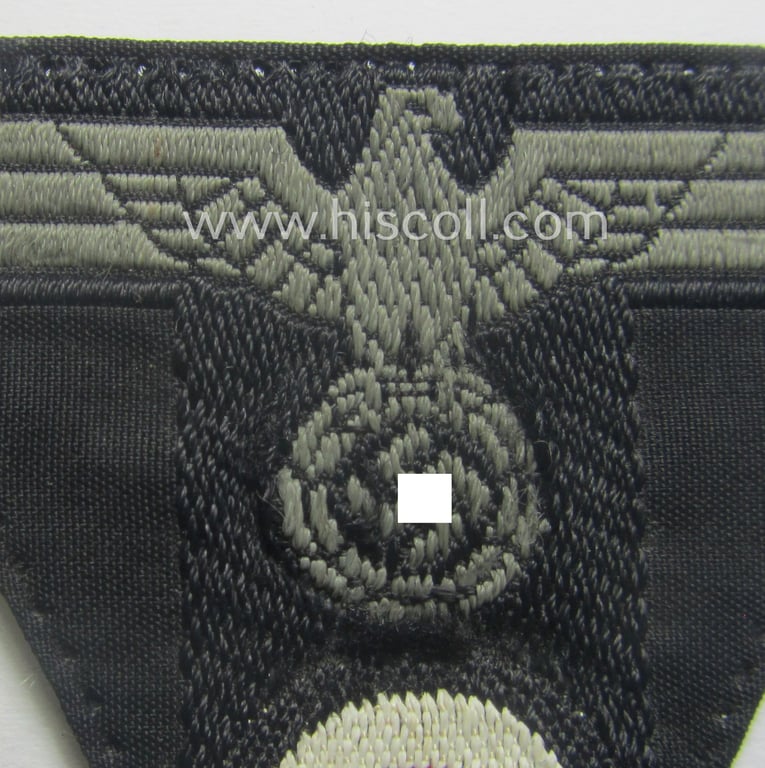Superb - and truly used! - WH (Heeres) 'Pz'-related, 'T-shaped' ie. 'M42'-pattern cap-eagle/cocarde (ie. 'Mützentrapez') as executed in 'BeVo'-weave pattern as specifically produced for usage on the (impopular) 'M-42'-model Pz-side-caps