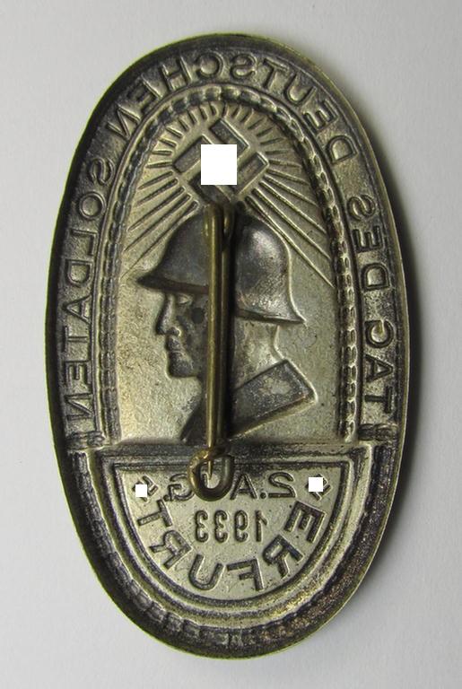 Attractive - and scarcely found! - early-period- and bright-silver-toned- (ie. tin-based) day-badge (ie. 'tinnie') as was issued to commemorate an: 'veteran-related'-gathering ie. rally entitled: 'Tag der Deutschen Soldaten - Erfurt - 2. Aug. 19...